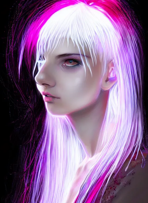 Image similar to hair whitebangs hair, black cyberlox, portrait of teenage girl with white bangs, whitebangsblackhair, messy bangs, cyberlox, whitebangs, red irises, purple clothes, intricate, elegant, glowing lights, highly detailed, digital painting, artstation, concept art, sharp focus, illustration, art by wlop, mars ravelo and greg rutkowski