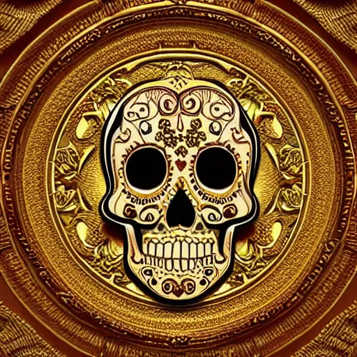 Image similar to intricately carved sugar skull, intricate ornament, gilding, digital art