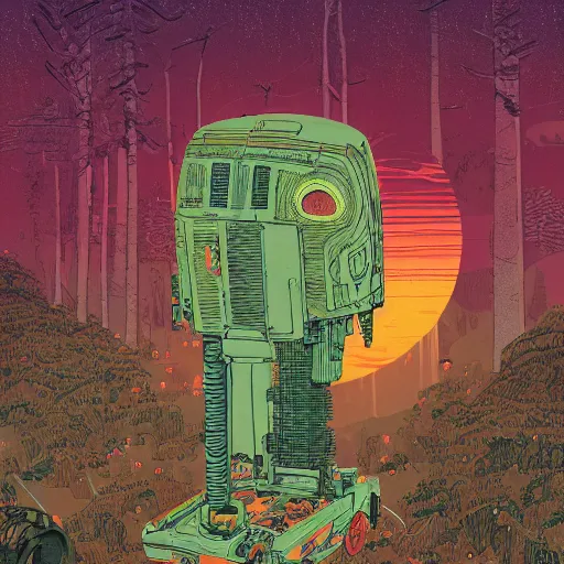 Prompt: aerial isometric view of a giant decaying robot head in middle of lush forest , highly detailed, sunset, by Victo Ngai and James Gilleard , Moebius, Laurie Greasley