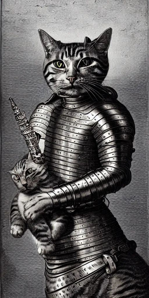 Image similar to engraving portrait of humanoid cat in medieval armoury by gustave dore. trending on deviant art, street art, chillwave, maximalist, full of color, glittering, 8 k, hd