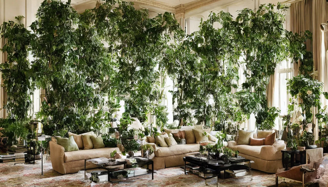 Prompt: luxury living room filled with plants and trees, photo by architectural digest