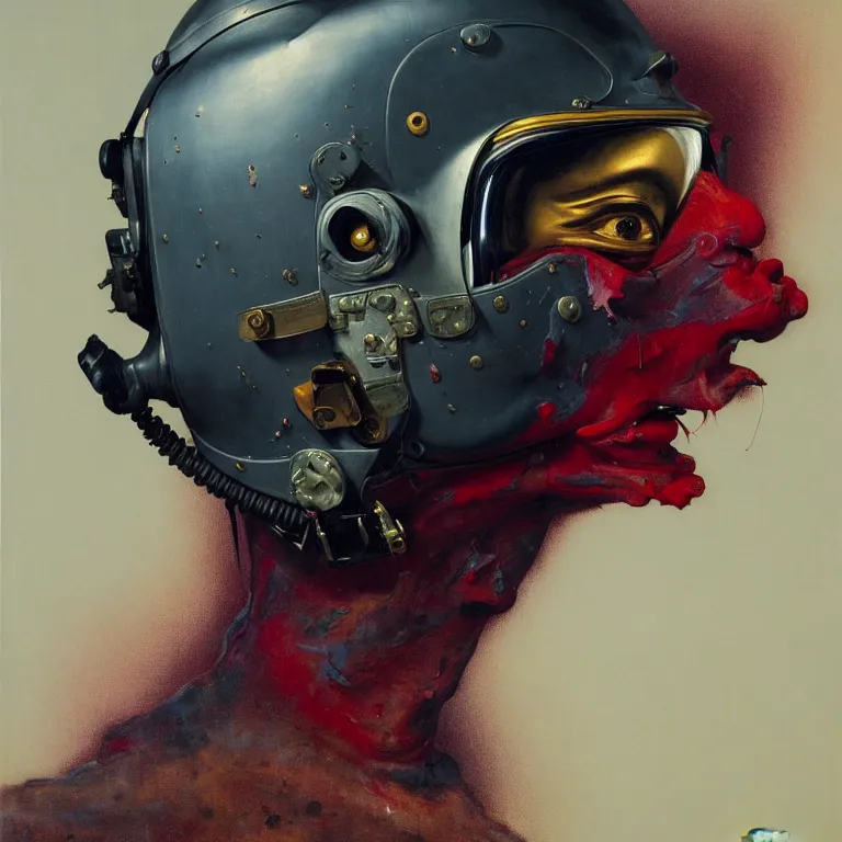 Image similar to hyperrealistic detailed higher angle portrait of a character in fighter pilot helmet, fighter jets, rich deep colors, ultra detail, by francis bacon, james ginn, petra courtright, jenny saville, gerhard richter, zdzisaw beksinski, takato yamamoto. masterpiece, elegant fashion studio ighting 3 5 mm