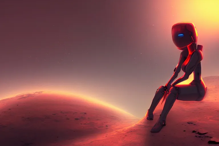 Image similar to a beautiful girl robot sitting on mars relaxing, red lighting, mist, digital art,