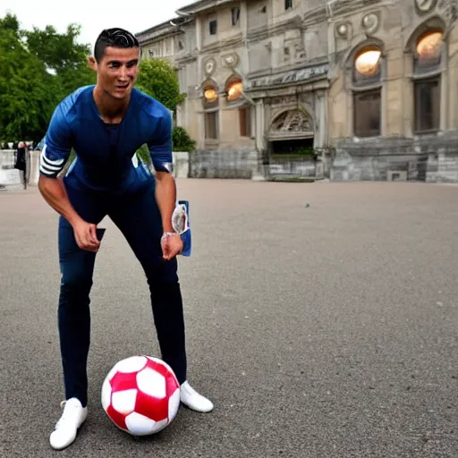 Image similar to cristiano ronaldo bringing his priceless soccer ball to the antiques roadshow,