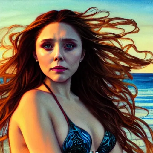 Image similar to Elizabeth Olsen wearing a bikini in a beach, sunset, cute, fantasy, intricate, elegant, highly detailed, centered, digital painting, artstation, concept art, smooth, sharp focus, illustration, art by artgerm and H R Giger and alphonse mucha