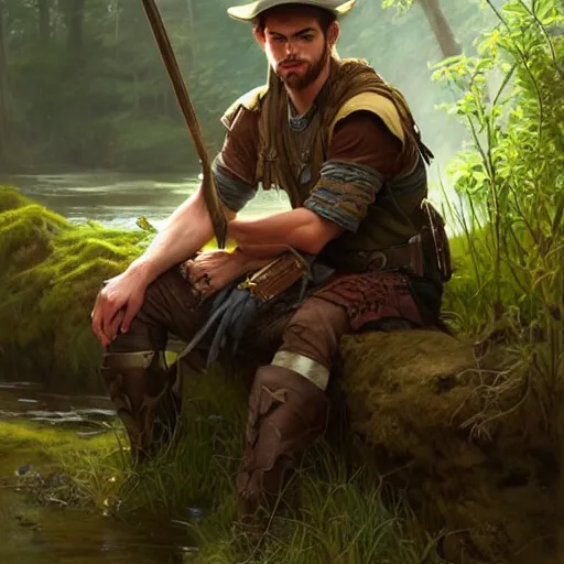 Image similar to young rugged ranger sitting by a stream, muscular thighs, soft smile, D&D, fantasy, intricate, cinematic lighting, highly detailed, digital painting, artstation, concept art, smooth, sharp focus, illustration, art by Artgerm and Greg Rutkowski and Alphonse Mucha