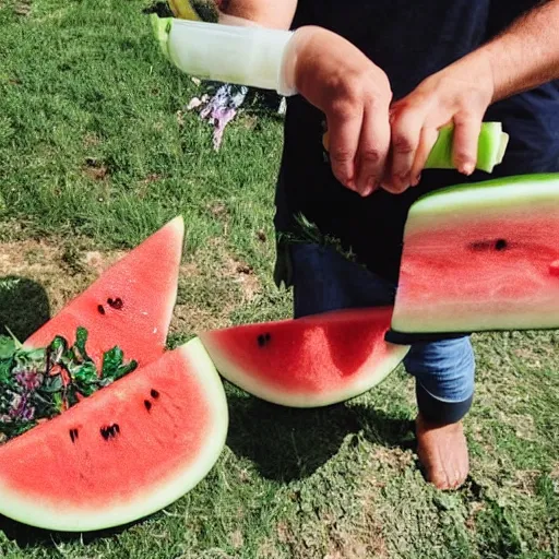 Image similar to the vegetables have their hands full of flowers with mikey serving water and giving away slices of watermelon