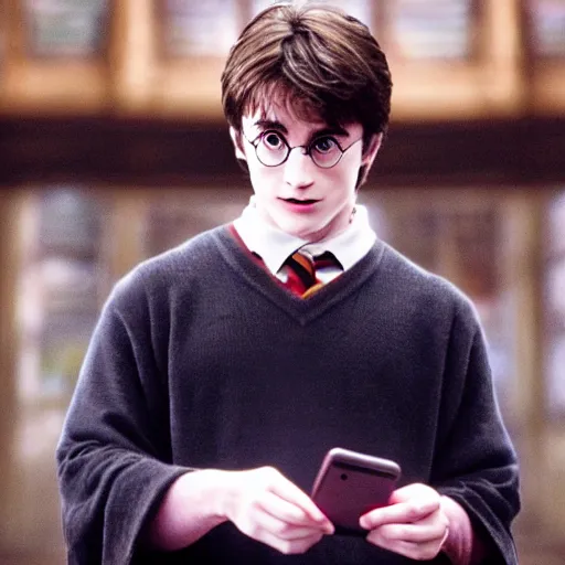 Image similar to movie screenshot of attractive harry potter holding an iphone in hogwarts, human face