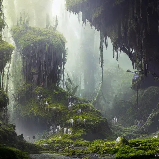 Image similar to photo an overgrown deep underground cave on another world embellished with a lush overgrown jungle of beautiful ancient alien trees, alien elvish cave village, scattered complex ancient monoliths emitting cosmic astral energy, nebula fog and cosmic mist, 4 k rtx hdr volume light concept studio matte painting environment octane, ue 5, photorealistic render trending on artstation by eytan zana