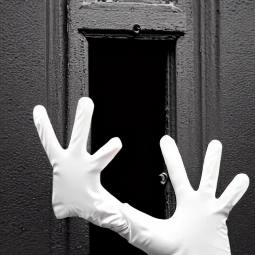 Prompt: a disembodied 5 - fingered white gloved hand waving out from behind a dark doorway