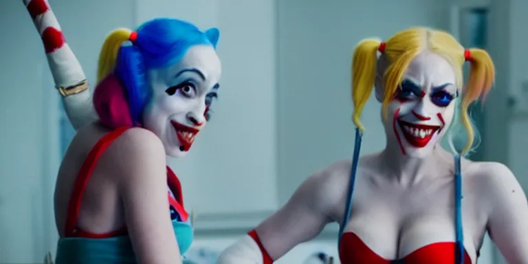 Image similar to film still of doja cat as Harley Quinn in Joker, full-shot, 4k