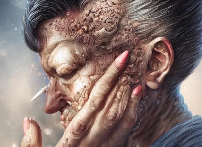 Image similar to a stupid head with highly detailed realistic diged nails, pain, light effect, hyper detailed, intricate, elegant, highly detailed, digital painting, artstation, concept art, matte, sharp focus, illustration, by dan mumford, yusuke murata, makoto shinkai, ross tran