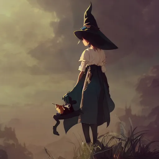 Image similar to full body portrait character concept art, anime key visual of a little witch with her caracal mascot, cinematic lighting, dramatic atmosphere, by dustin nguyen, akihiko yoshida, greg tocchini, greg rutkowski, cliff chiang, 4 k resolution, octane render