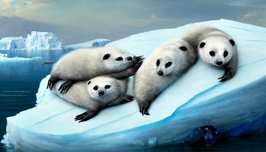 Prompt: highly detailed painting of cute furry white baby seal badgers cuddling into each other on a blue and white iceberg by william turner, by greg rutkowski, by william constable, thick brush strokes and visible paint layers, 4 k resolution