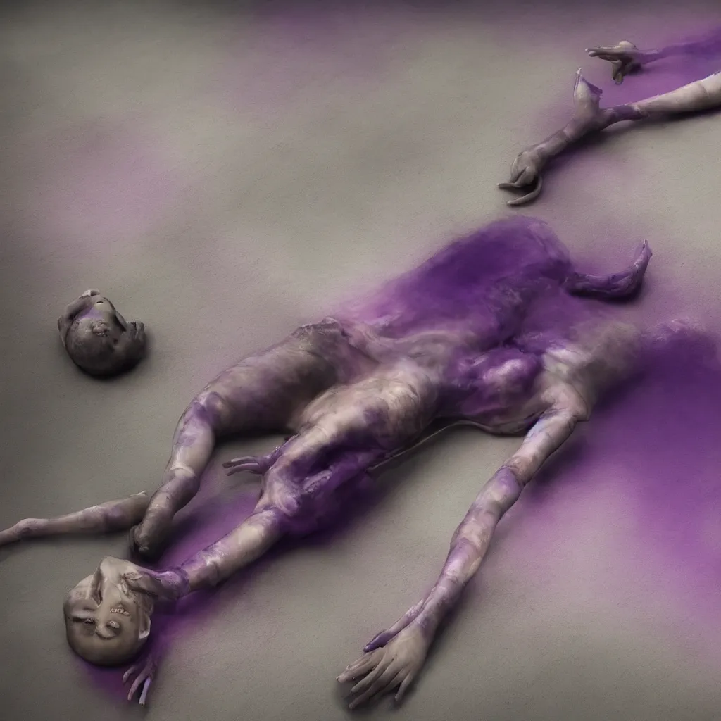 Image similar to iridiscent oil spill with women corpses connected by cables and computers to wax forms to a buried baby relaxing on yoga mat, faded, purple gradient, dust, purple fog, depth of field, by nadav kander and hans bellmer, 8 k, ultrarealistic, sad atmosphere, cinematic, 8 5 mm lens