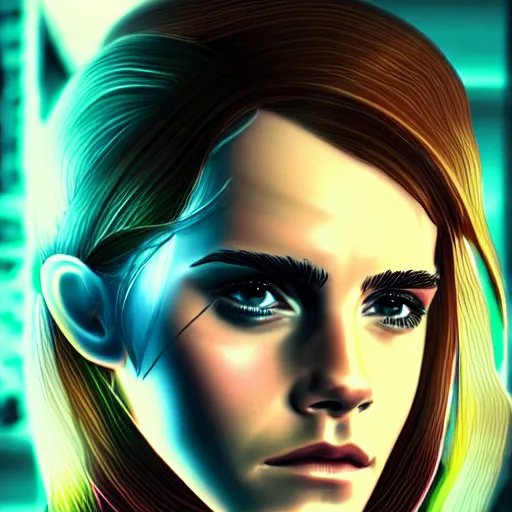 Image similar to Portrait of Emma Watson, cyberpunk style futuristic neon lights, artstation cgsociety masterpiece highly-detailed