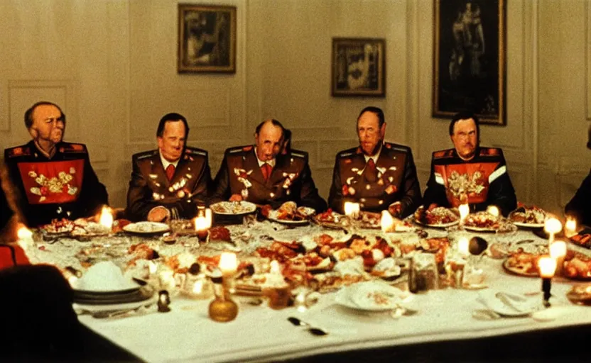 Prompt: Soviet generals sitting around a big dinner table with candles in the shining by stanley kubrick, shot by 35mm film color photography