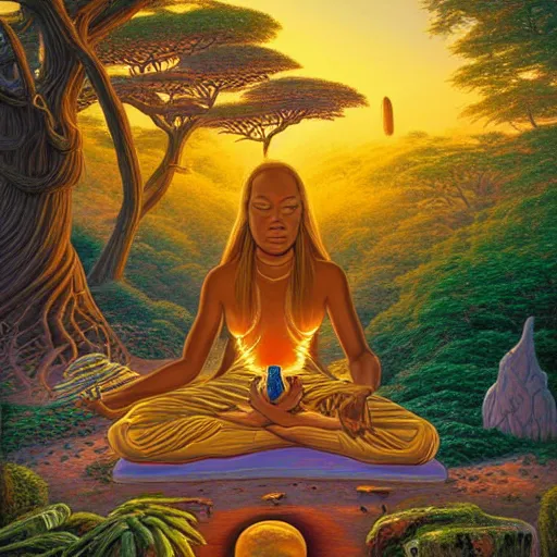 Prompt: a stunning aftican woman with a golden glow meditating in an african zen garden with a baobab tree at sunset, by dan mumford and thomas kinkade and alex grey, oil on canvas