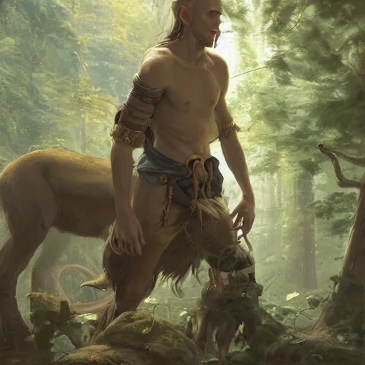 Image similar to 'portrait of a male wood-elf surrounded by animals in the woods, art by Greg Rutkowski, 4k'