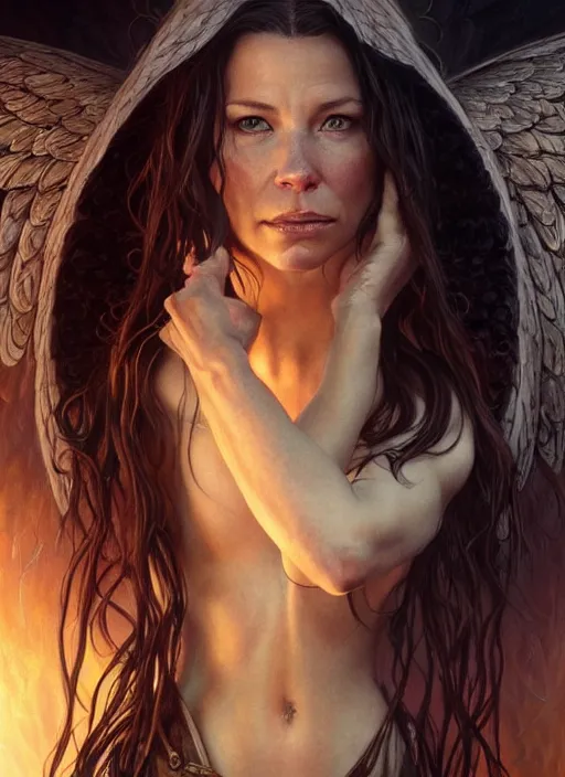 Prompt: evangeline lilly as the angel of death, deep focus, d & d, fantasy, intricate, elegant, highly detailed, digital painting, artstation, concept art, matte, sharp focus, illustration, hearthstone, art by artgerm and greg rutkowski and alphonse mucha