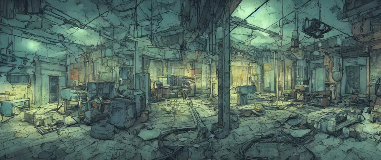 Prompt: abandoned laboroatory from cold war era faded out colors place mosquet painting digital illustration hdr stylized digital illustration video game icon global illumination ray tracing advanced technology that looks like it is from borderlands and by feng zhu and loish and laurie greasley, victo ngai, andreas rocha, john harris