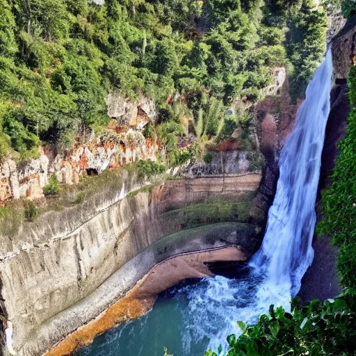 Prompt: of a midevel city built into a cliffside, with a beautiful waterfall flowing through the middle of it.