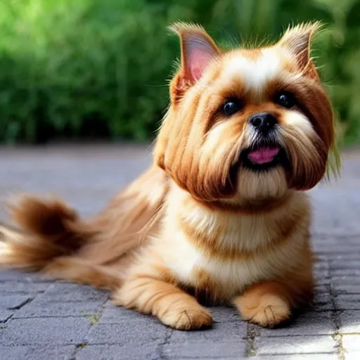 Prompt: beautiful ginger, tabby, cat hybrid with a shih tzu dog