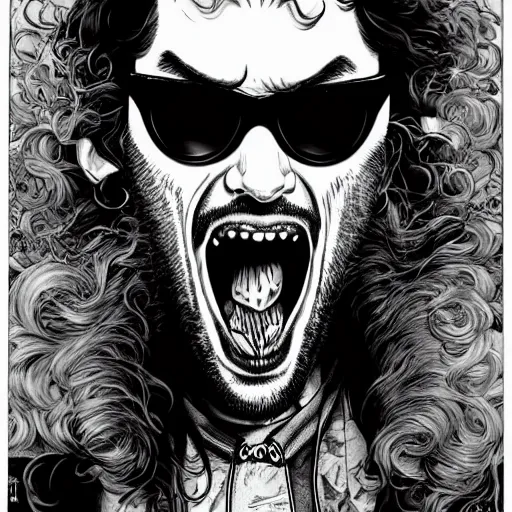 Prompt: portrait of crazy screaming post malone with sunglasses as vampire, symmetrical, by yoichi hatakenaka, masamune shirow, josan gonzales and dan mumford, ayami kojima, takato yamamoto, barclay shaw, karol bak, yukito kishiro