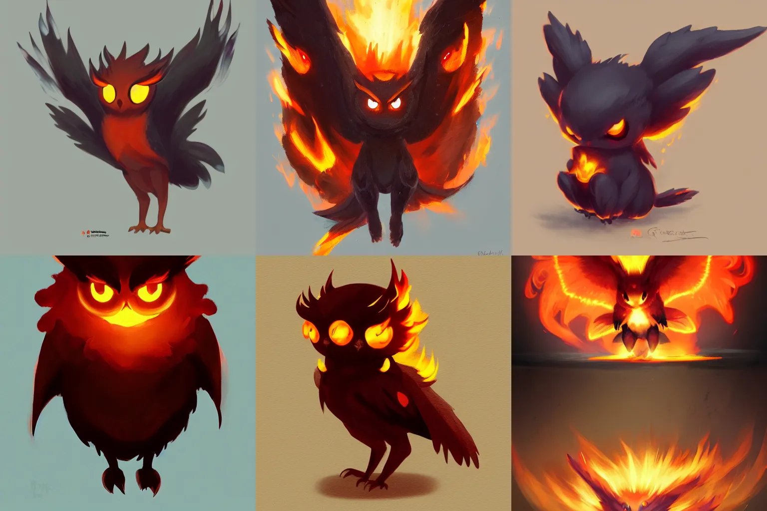 Prompt: full shot,a cute fire owl Pokémon with big eyes made of flame,Greg Rutkowski,trending on artstation,High contrast,Light and shadow,Black background, High detail