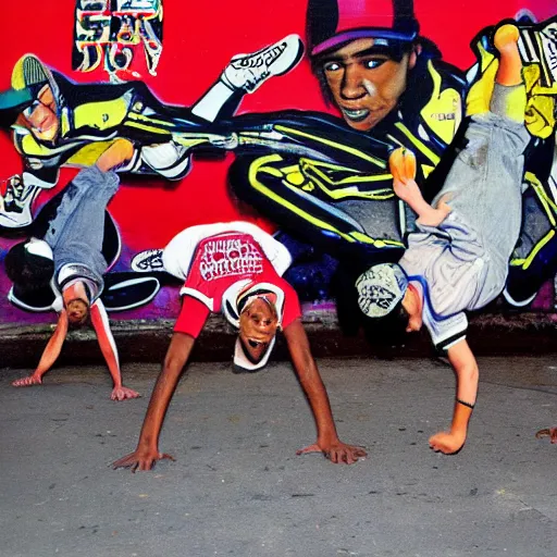 Image similar to photo of four breakdancers battling in the bronx in 1984 by Janette Beckman, gritty, energetic, hyperrealistic, trending on artstation