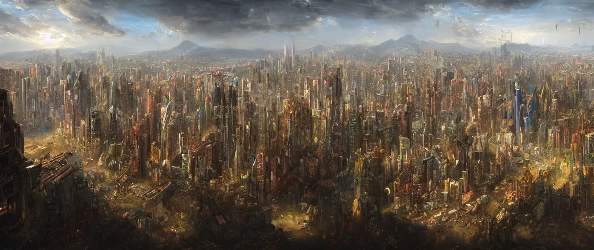 Image similar to a highly detailed painting of an abandoned cyberpunk city in the style of thomas cole, aerial view