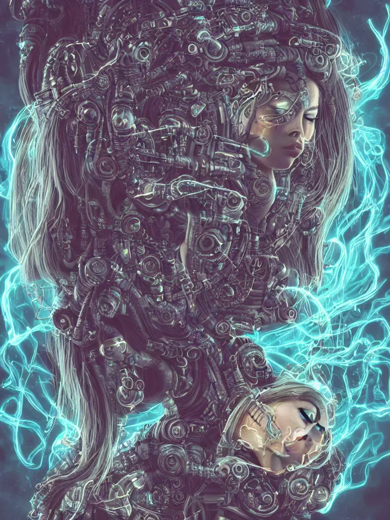 Image similar to an ancient mystical alluring female shaman generating flowing energy and surrounded by wisps of incense smoke meditating in a cybernetic robot temple , face face face