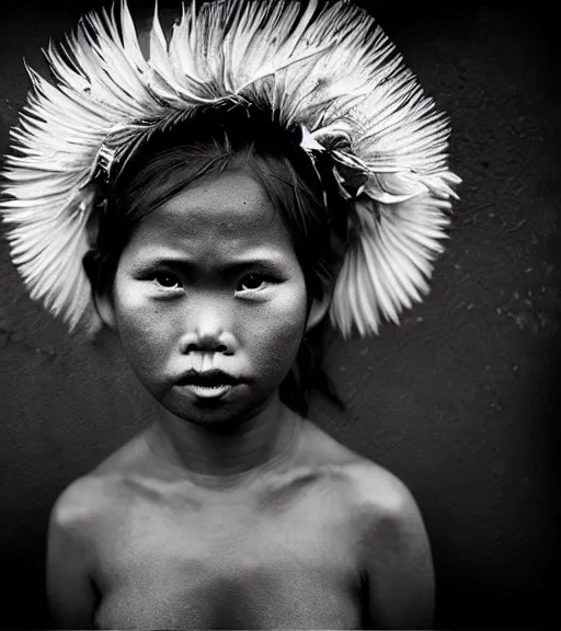 Image similar to Award winning Editorial photograph of a Hawaiian girl by Lee Jeffries, 85mm ND 4, perfect lighting, wearing traditional garb, With huge sharp jagged Tusks and sharp horns, gelatin silver process