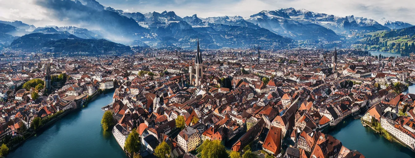 Prompt: Photo of Zurich, looking down the river at the lake and the alps, Hardturm, Grossmünster, wide angle, volumetric light, hyperdetailed, mountain water, artstation, cgsociety, 8k