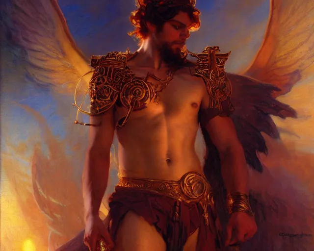 Image similar to attractive pagan male deity, summons handsome lucifer morning star. highly detailed painting by gaston bussiere, craig mullins, j. c. leyendecker 8 k