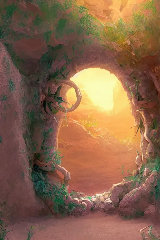 Image similar to digital painting of a doorway in a desert that leads to a secret garden, concept art, artstation, fantasy, fantasy aesthetic, fantasy vibe, colorful, faded effect, artstation, trending, detailed, small details, scenery,