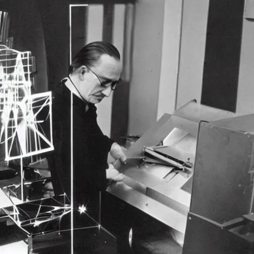 Prompt: photograph of Marcel Duchamp working on a futuristic machine, long exposure, in the style of Hito Steyerl and Andreï Tarkovski