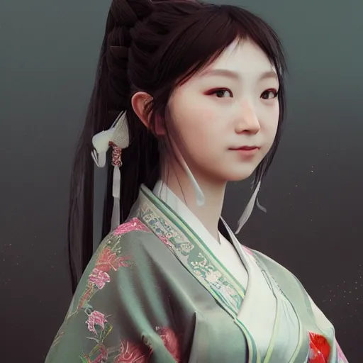 Prompt: a lovely girl in hanfu, by ruan jia, by yun ling, happy expression, smile, unreal engine, 3 d render, 8 k, closeup, smooth, trending on artstation, digital illustration, black hair