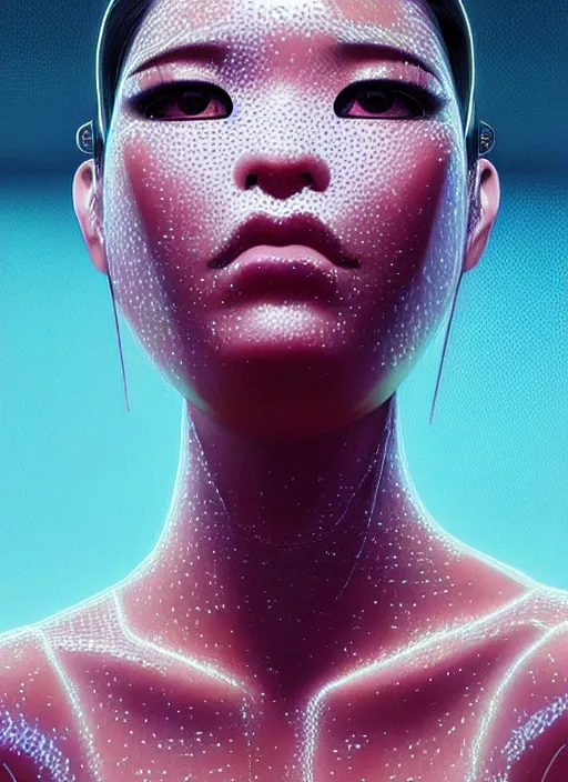 Image similar to an exotic asian female humanoid with freckles on face, cyber neon lighting, futurism, intricate, cyberpunk glossy white latex swimsuit, profile posing, hyper photorealistic, crispy quality, digital photography, trending in artstation, trending in pinterest, cinematic, 4 k ultra hd, art by pascal blanche, art by greg rutkowski,
