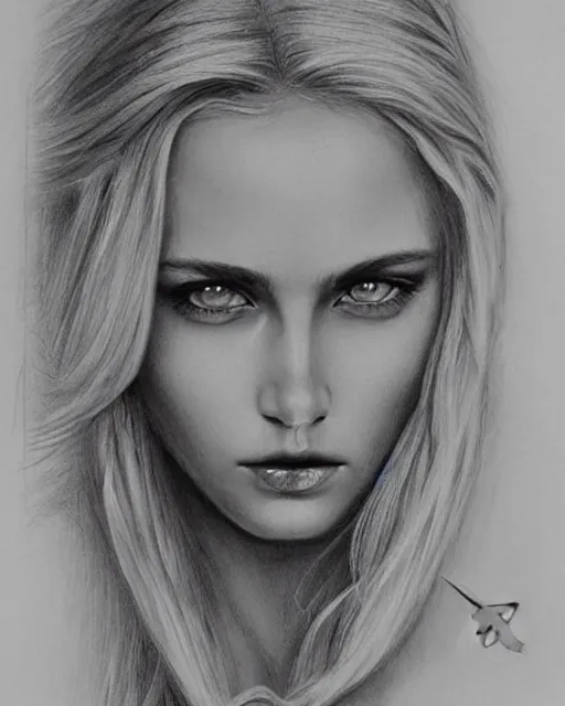 Image similar to pencil drawing of beautiful greek goddess aphrodite with arrowhead jewelry, beautiful piercing eyes, beautiful blonde hair, hyper realistic face, in the style of greg rutkowski, fantasy, amazing detail, epic, elegant, smooth, sharp focus, from the front