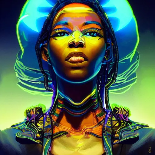 Image similar to african neon necromancer, science fiction, highly detailed, digital painting, beautiful eyes, symmetry, concept art, sharp focus, illustration, global illumination, radiant light, synthwave colors, detailed and intricate environment, art by artgerm and greg rutkowski and magali villeneuve and ilya kuvshinov!