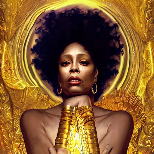 Image similar to Erykah Badu as a golden goddess , A stunning masterpiece, by Stanley Artgerm Lau, greg rutkowski, Thomas kindkade, alphonse mucha, loish, norman Rockwel