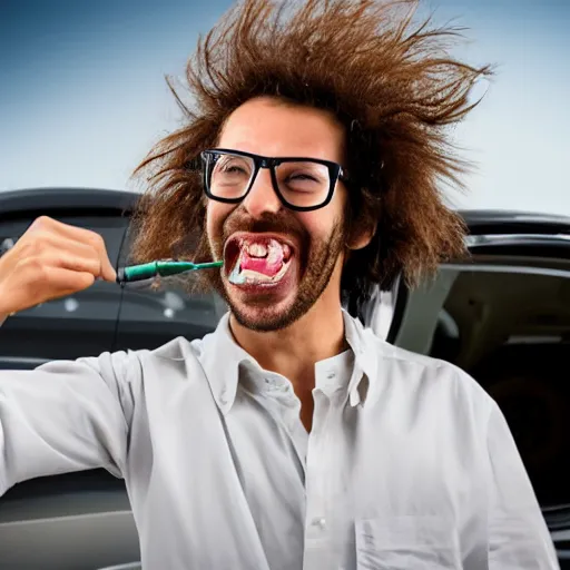 Prompt: A mad scientist with wild frazzled hair and a huge smile connecting his earlobes to the posts of a car battery, 8k