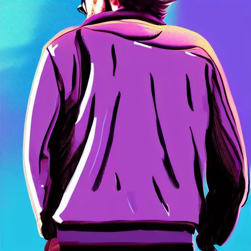 Image similar to walter white on top off jesse pinkman's back, and a purple coloured leather jacket, one side haircut, long brown hair with light blue ends, portrait, hyperdetailed, artstation, cgsociety, synthwave by tangerine dream, by jean - michel jarre, by vangelis, by john carpenter