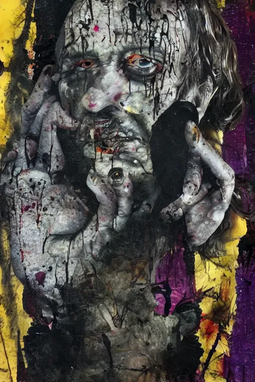 Image similar to portrait of medici emerging from the darkness, paint drips, painted by Francis Bacon horror, bodies painted by Lucian Freud, Renaissance, John Singer Sargant, glitch, graffiti by Cy Twobmly writing