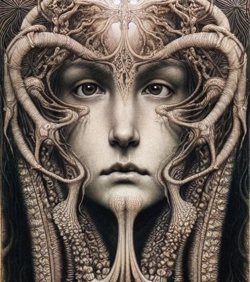 Prompt: detailed realistic beautiful bone goddess face portrait by jean delville, gustave dore, iris van herpen and marco mazzoni, art forms of nature by ernst haeckel, art nouveau, symbolist, visionary, gothic, neo - gothic, pre - raphaelite, fractal lace, intricate alien botanicals, biodiversity, surreality, hyperdetailed ultrasharp octane render