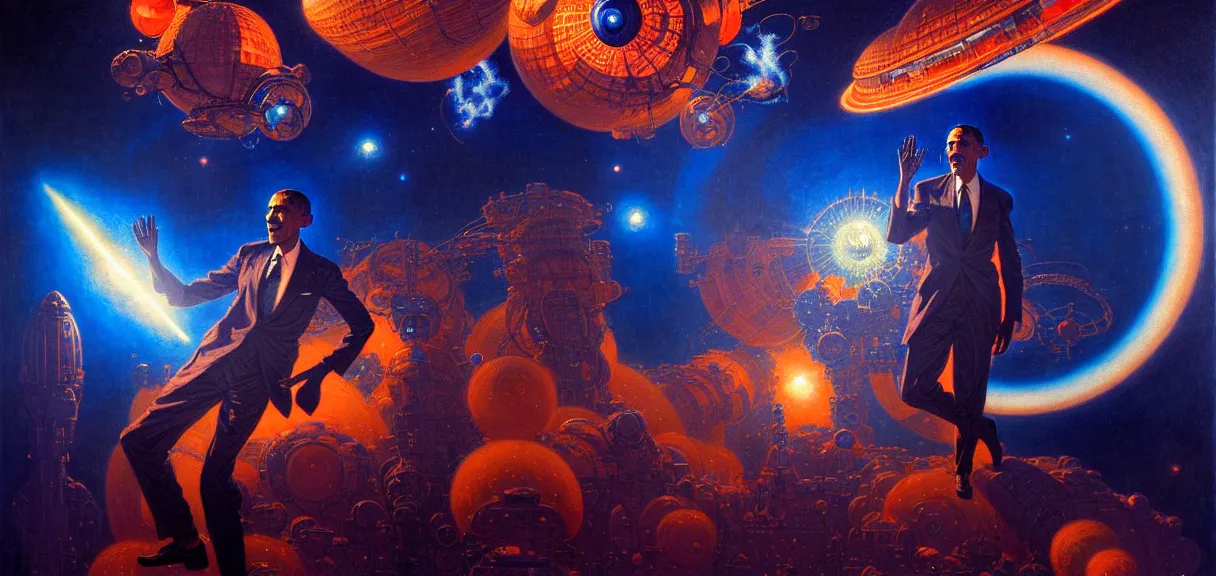 Prompt: obama in space, hard lighting, full body, futuristic, neon, luxurious, industrial party, dark blue and orange colors, crowded, smoke, lasers painting by gaston bussiere, craig mullins, j. c. leyendecker, lights, art by ernst haeckel, john william godward, hammershøi