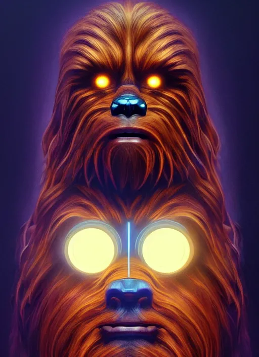 Image similar to symmetry!! portrait of chewbacca, sci - fi robot arm, tech wear, glowing lights!! sci - fi, intricate, elegant, highly detailed, digital painting, artstation, concept art, smooth, sharp focus, illustration, art by artgerm and greg rutkowski and alphonse mucha