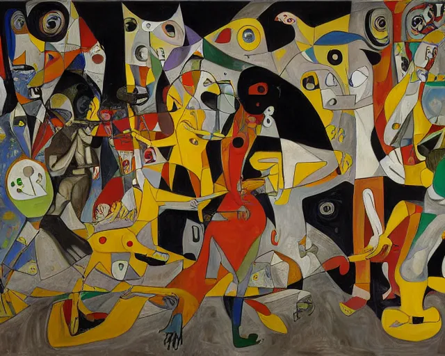 Image similar to a painting of guernica with characters from an os gemeos painting by graham sutherland, egon schiele, gustav klimt, joan miro, basquiat, expressionism