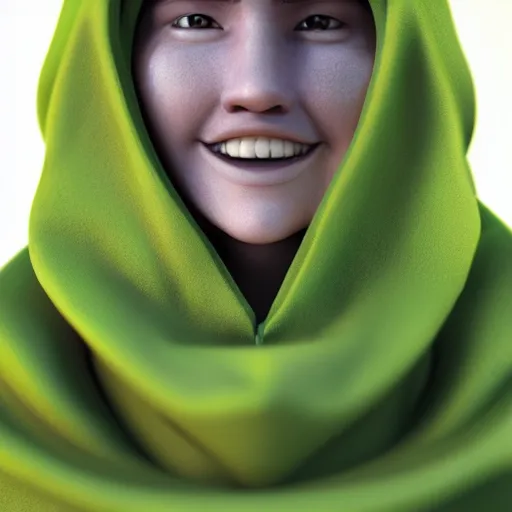 Prompt: a highly detailed, portrait of a character in a lime-colored hood with a round white mask with a smile, DeviantArt, professional, octane render, sunset lighting